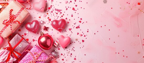 Poster - Valentine's day background with party accessories. Valentines day concept. Flat lay, top view, copy space