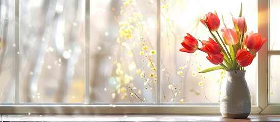Aufkleber - Vase with beautiful tulips on windowsill. with copy space image. Place for adding text or design