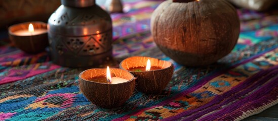 Poster - Cozy home interior decor, burning candles in coconut shell on a multi-colored rug with metal vase background. with copy space image. Place for adding text or design