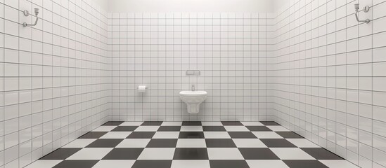Aufkleber - Interior of narrow restroom with sink and wall hung toilet with white walls and checkered floor. with copy space image. Place for adding text or design
