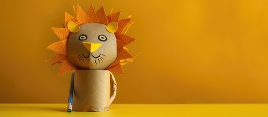 Poster - lion figurine handmade pencil holder, toilet paper roll craft, recycle concept, DIY for kids, simple activity. Copy space image. Place for adding text or design