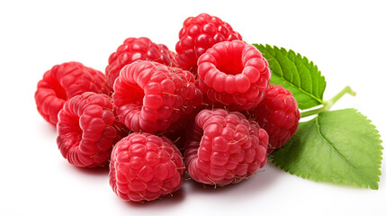 Wall Mural - Ripe raspberries with leaf isolated on a white background