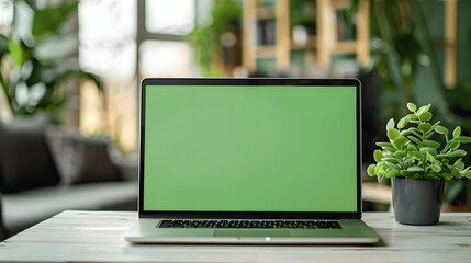 Closeup of laptop with green screen on table ideal for business mockups . Concept Closeup Shots, Green Screen Mockups, Business Setting, Tabletop Photography