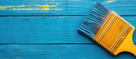 Poster - Repairs in the apartment. Accessories for paint. Updating the interior.  Services, painting, brushing. used  brush. wooden background. Blue, yellow, wood. with copy space image