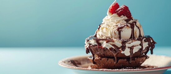 Fototapete - Brownie Sundae with a Scoop of Vanilla Ice Cream, Chocolate Sauce, Whipped Cream pastel background. with copy space image. Place for adding text or design