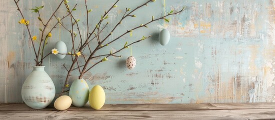 Aufkleber - Happy Easter! Easter rustic minimalist still life. Natural easter eggs hanging on willow branches on wooden table. Simple stylish easter decoration on table aesthetics. with copy space image