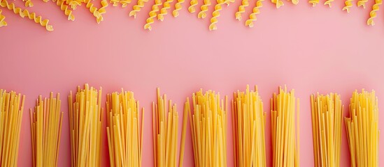 Aufkleber - Long raw fresh and healthy dry macaroni pasta, Isolated on pastel background. with copy space image. Place for adding text or design