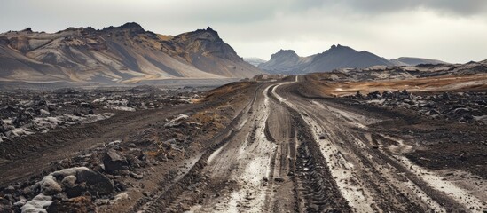 Poster - Rough empty dirt road in Icelandic volcanic inland is accesible just by 4x4 vehicles. Copy space image. Place for adding text or design