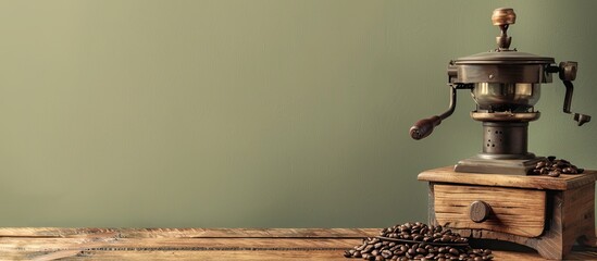 Leinwandbilder - old wood coffee grinder with beans of coffee, antique machine over wood table in detail pastel background. with copy space image. Place for adding text or design