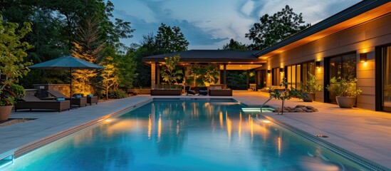 Poster - a luxury back patio with a pool in the evening. Copy space image. Place for adding text or design