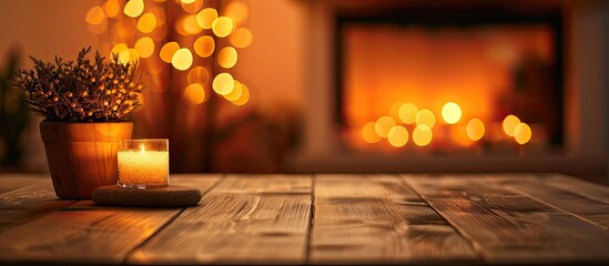 Aufkleber - Table background of free space and blurred background of fireplace in home interior.Copy space for your decoration and warm orange light.Valentine's Day background.