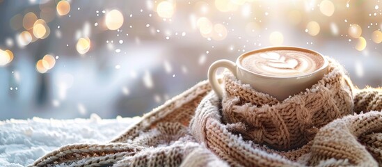 Wall Mural - Hot coffee on the snow with a woolen scarf on a festive evening . with copy space image. Place for adding text or design