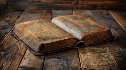 A holy bible lies open on a brown wooden surface, providing ample copy space for text.