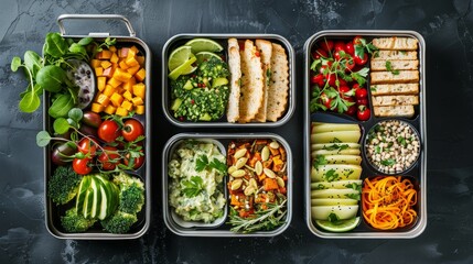 Wall Mural - Vegetarian lunch boxes with a variety of fresh vegetables, rice and sauces. Healthy eating for an active lifestyle. Colorful and delicious lunches with broccoli, carrots, zucchini, tofu and beans