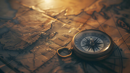 Ancient old compass on the vintage map background Adventure discovery navigation geography education pirate and travel theme concept background History and geography team Retro stale : Generative AI