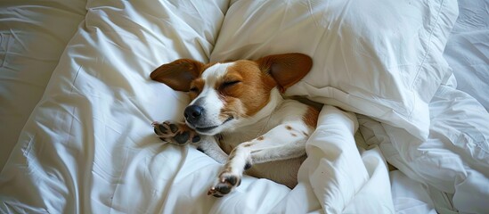 Poster - Dog sleeping on bed . with copy space image. Place for adding text or design