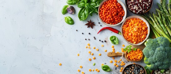 Fototapete - raw legume and vegetable assortment. Copy space image. Place for adding text or design