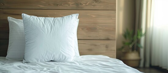 Poster - White pillow on bed decoration interior of hotel bedroom. with copy space image. Place for adding text or design