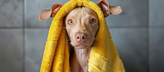 Poster - Funny dog/pharaoh hound with bath towel. Pets care, pets clean concept. Copy space image. Place for adding text or design