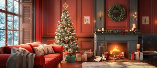 Wall Mural - Cozy living room interior for new year and christmas celebration. with copy space image. Place for adding text or design