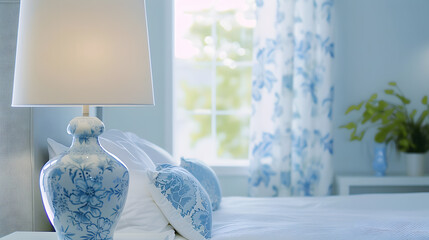 Wall Mural - White and blue coastal style bedroom with sided table lamp : Generative AI