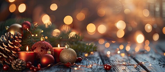 Poster - Christmas or new year background with decorations on wooden table with warm lighting. with copy space image. Place for adding text or design