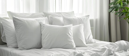 Poster - White cushion and white pillow as Modern bedroom interior with a stylish combination of trendy room interior image    . with copy space image. Place for adding text or design