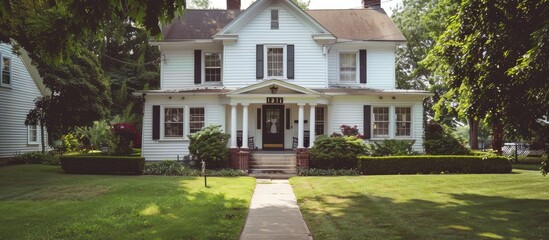Poster - white colonial style suburban house with front walkway. Copy space image. Place for adding text or design