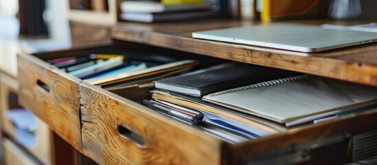 Poster - Different stationery in open desk drawer indoors. with copy space image. Place for adding text or design