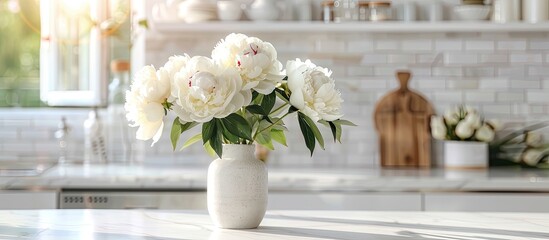 Wall Mural - Cozy home interior decorating - vase with white peonies on a kitchen table. with copy space image. Place for adding text or design