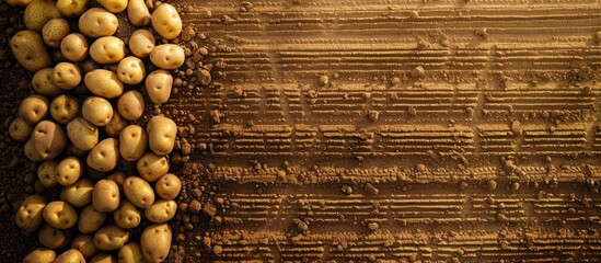 Fototapete - Low level aerial image of a crop of potatoes in a ploughed arable field in the British countryside farmland. Copy space image. Place for adding text or design