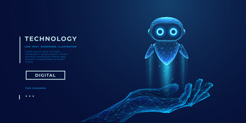 Aufkleber - 3D abstract digital AI robot floating above a human wireframe hand. Chatbot or AI bot assistant. Technology innovation concept. Tech dark blue background. Low poly vector illustration.