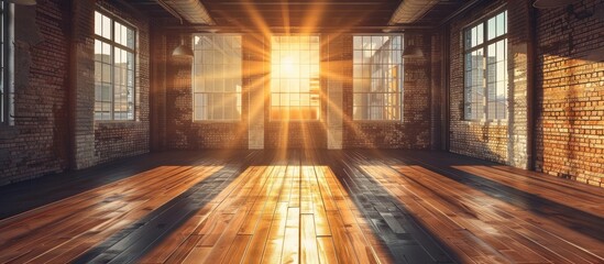 Sticker - Large spacious loft room in dark colors in the rays of sunlight with big window. free lay-out. with copy space image. Place for adding text or design