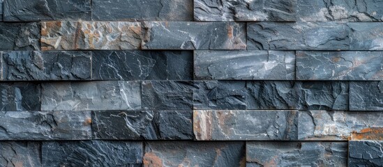 Poster - dark Azul grey exterior stone wall cladding, ceramic elevation wall tiles, natural stones, strips liner decor interior and exterior, natural light and shadow effect, backdrop blank space