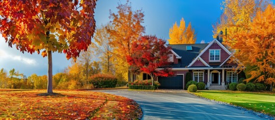 Aufkleber - autumn colorful trees and in the front yard of house. with copy space image. Place for adding text or design