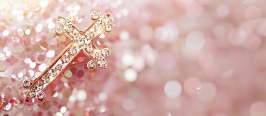 Poster - Gold cross with diamonds pastel background  Isolated. with copy space image. Place for adding text or design