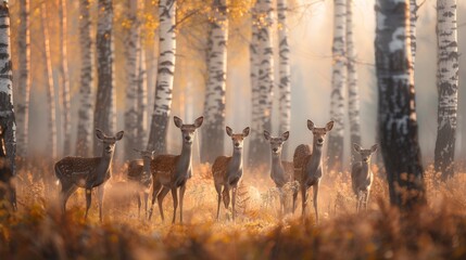 Wall Mural - Three deer are standing in a forest with trees and bushes