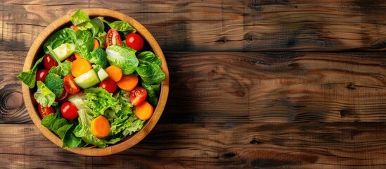 Wall Mural - mixed vegetables in wooden bowl on kitchen table, top view. Copy space image. Place for adding text or design