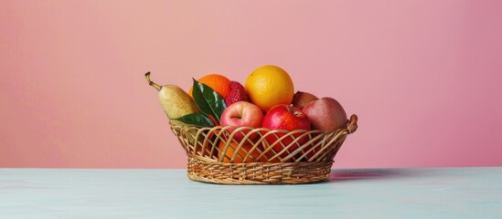 Aufkleber - Still life of fruit in basket isolated on pastel background. with copy space image. Place for adding text or design