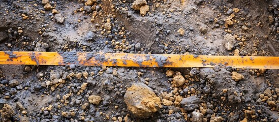 Poster - Soil on earth as texture and background. Warning or protective tape at a construction site. with copy space image. Place for adding text or design