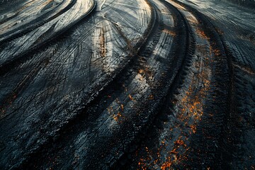 Wall Mural - Aerial view tire track mark on asphalt tarmac road race track texture and background, Abstract background black tire track skid on asphalt road, Tire mark skid mark on asphalt road.