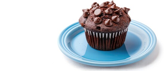 Aufkleber - organic homemade vanilla chocolate butter cup cake muffin bread is on the blue plate and isolated on white background (clipping path included). with copy space image. Place for adding text or design