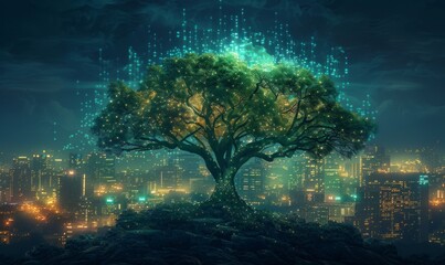 beautiful glowing tree growing on cities representing digital technology