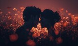 True love, silhouette of a couple among petals, magic lights and hearts, the concept of true love