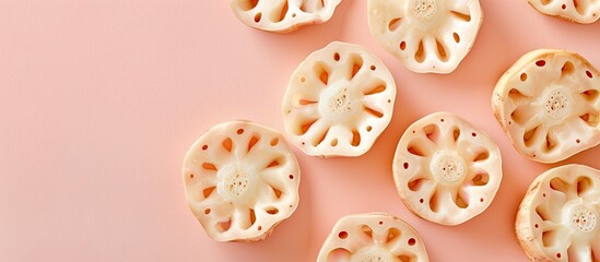 Aufkleber - fresh lotus root Isolated on pastel background  Food. with copy space image. Place for adding text or design