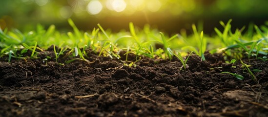 Poster - Close up of soil with green grass on the top layer. Part of exposed soil under bed of grass of lawn. Details of earth or ground. with copy space image. Place for adding text or design