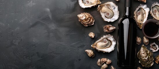 Poster - Bottle of aged wine and fresh oysters on a dark kitchen table. Seafood. Top view. Flat lay. Copy space image. Place for adding text or design