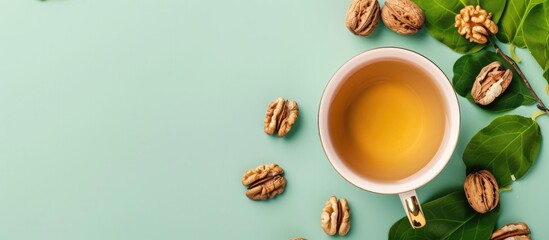 Aufkleber - Walnuts and green tea pastel background  Food  Isolated. with copy space image. Place for adding text or design