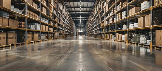 Poster - interior of warehouse. Rows of shelves with boxes. Copy space image. Place for adding text or design