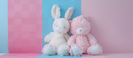 Poster - teddy bear, plush hare, soft toys, series, pastel background, checkepastel background. with copy space image. Place for adding text or design